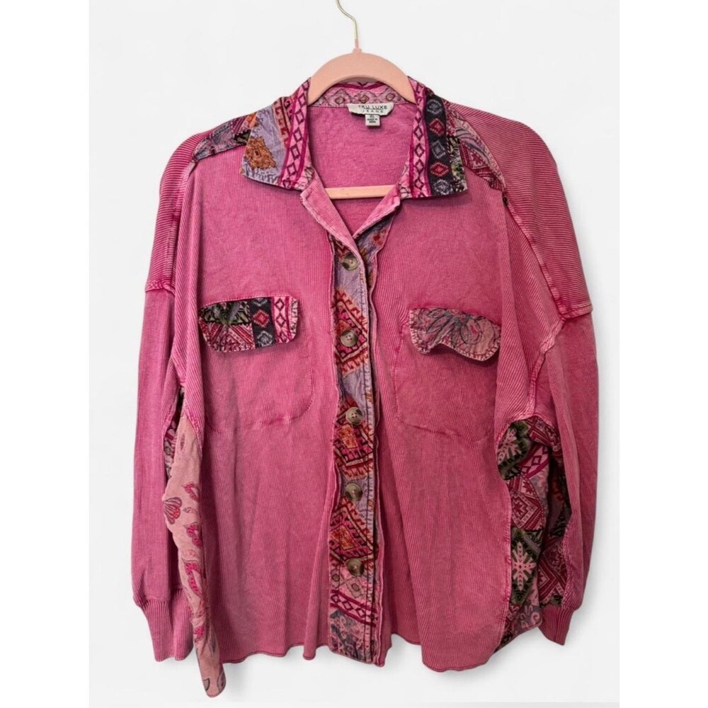 Tru Luxe Jeans Shabby Chic Pink Boho Ribbed Knit Button-Up Casual Shirt
